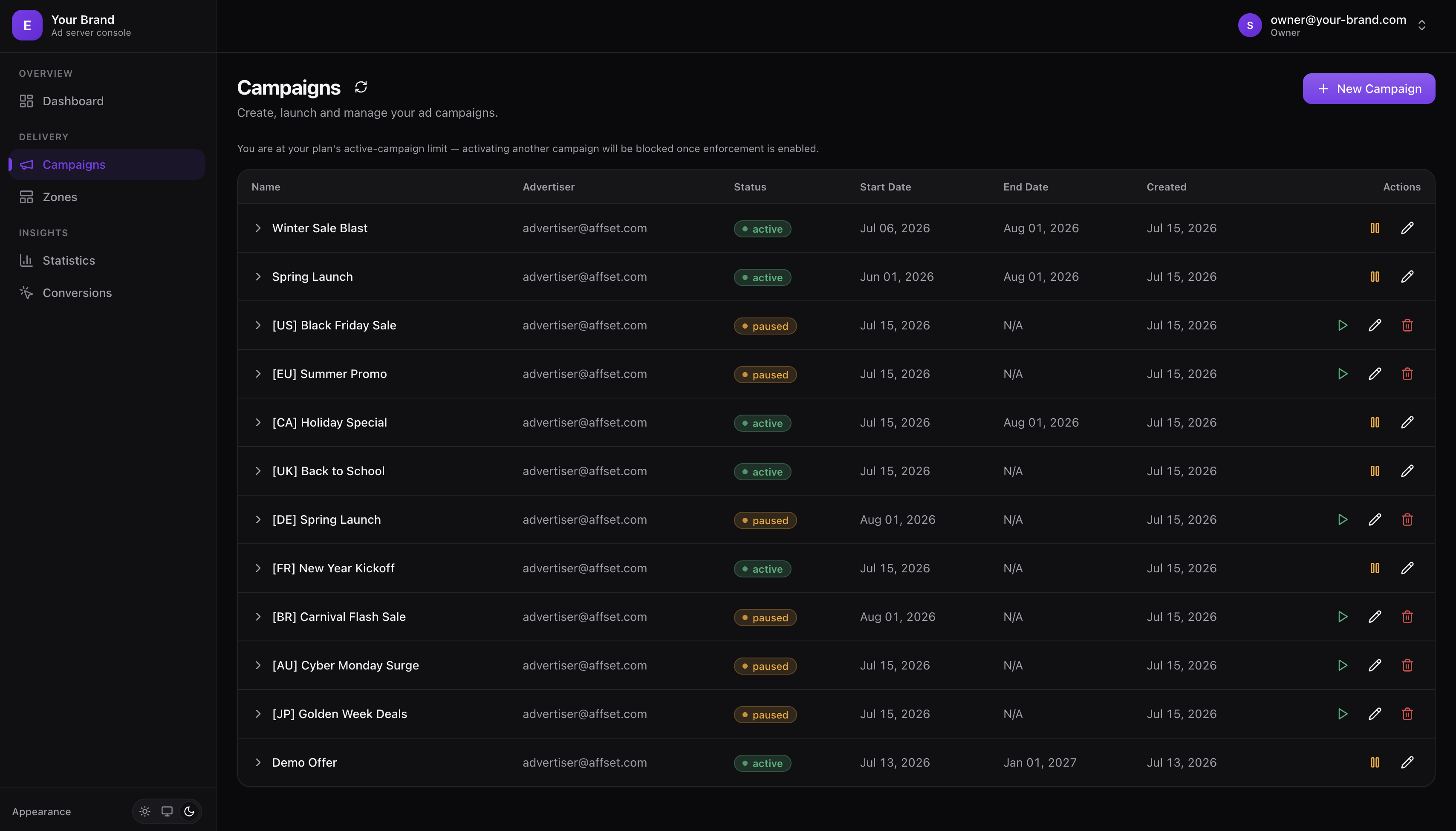 Campaign management interface showing targeting options and CPA settings